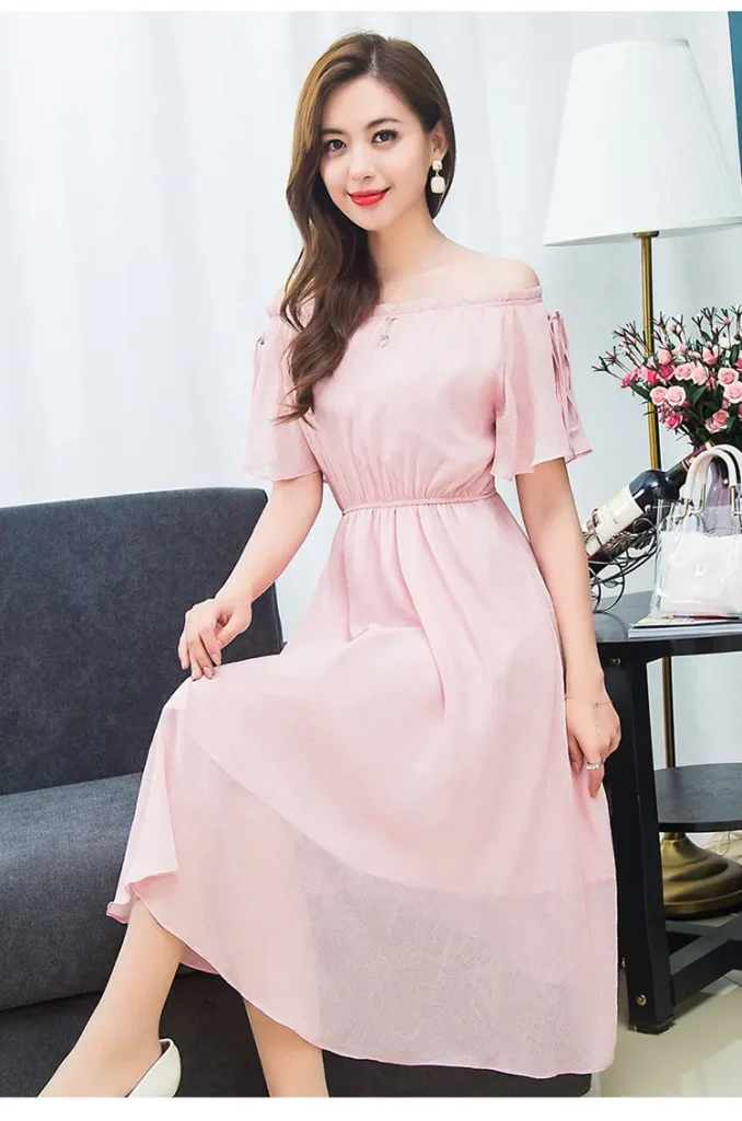 Korean version slim fit waist collection short sleeved medium length chiffon dress