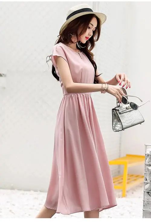 Elegant short sleeved solid color chiffon dress