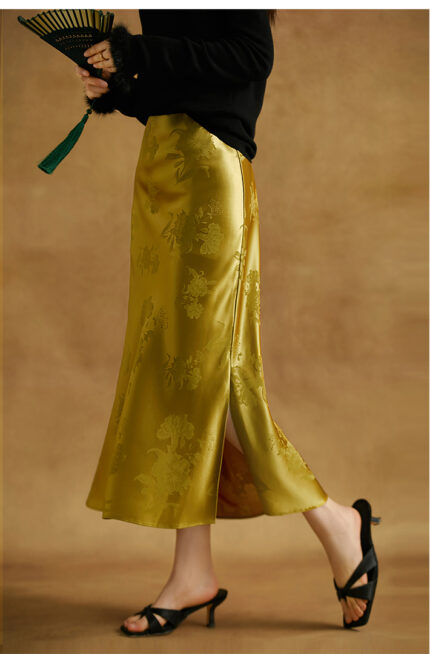 Acetic acid jacquard new Chinese style double-sided split skirt