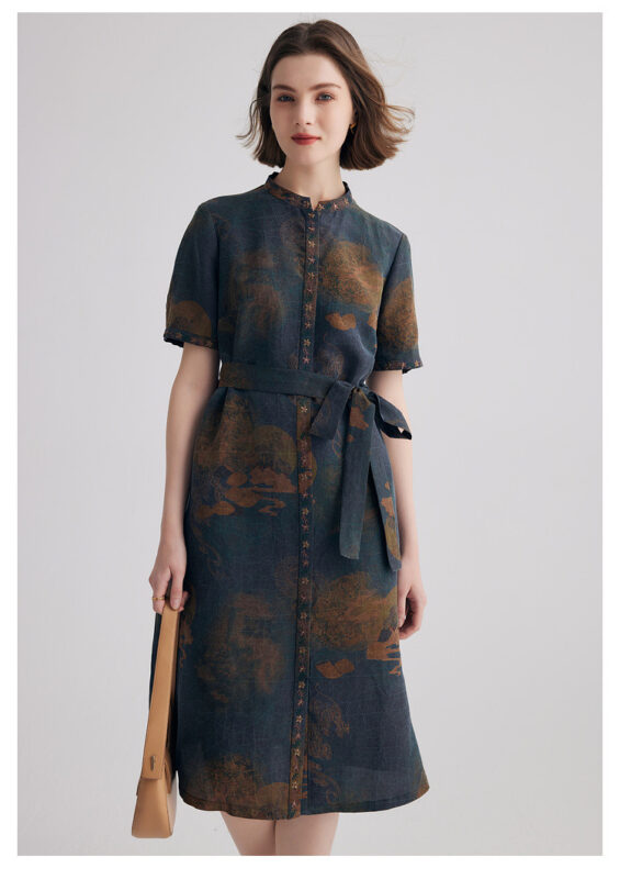 Standing collar national style printed embroidery fashionable lace up silk dress