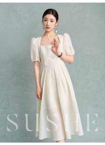 Skinny square neck waist cinched white dress