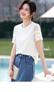 Elegant temperament organza patchwork lace T-shirt