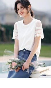 Elegant temperament organza patchwork lace T-shirt