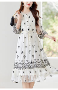 Embroidered round neck dress, women's spring and summer silk dress