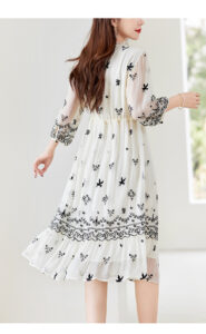 Embroidered round neck dress, women's spring and summer silk dress