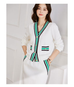 New Fashion Style Color Contrasting Knitted Cardigan Bag Hip Skirt Two Piece Set