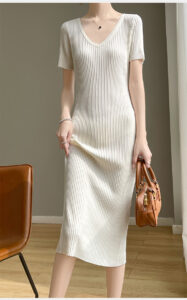 V-neck solid color striped dress