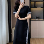 Casual short sleeved slit design high-end temperament dress