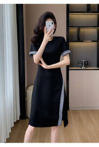 Casual short sleeved slit design high-end temperament dress