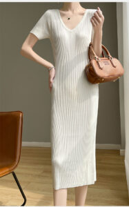 V-neck solid color striped dress